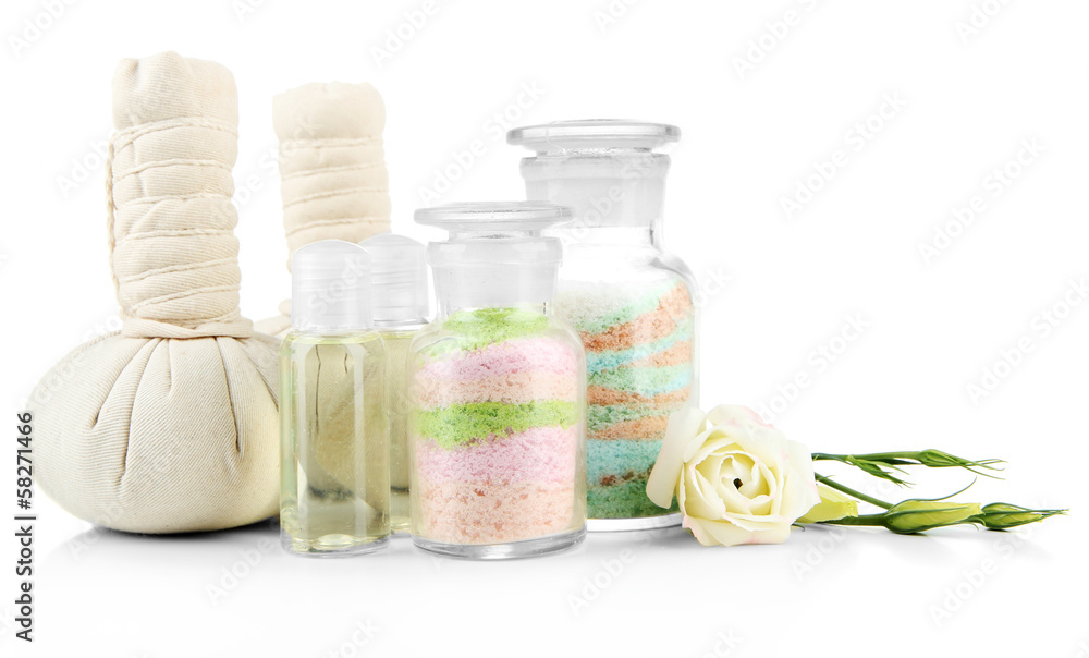 Aromatic salts in glass bottles, isolated on white