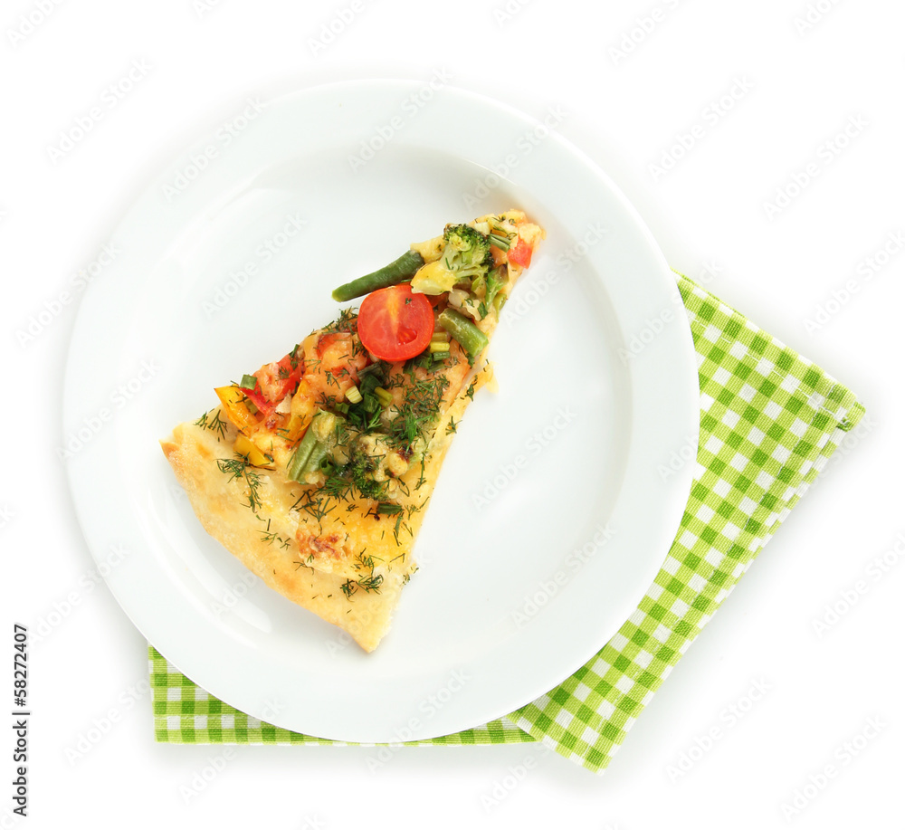 Slice of tasty vegetarian pizza on plate, isolated on white