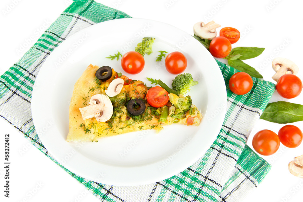 Slice of tasty vegetarian pizza and vegetables Slice of tasty vegetarian pizza and vegetables