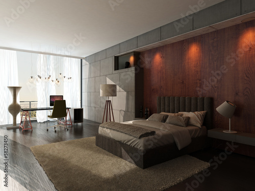 Foto Modern design bedroom interior with kingsize bed and wooden wall