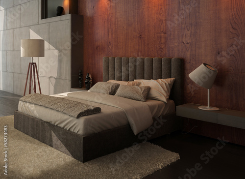 Foto Modern design bedroom interior with kingsize bed and wooden wall