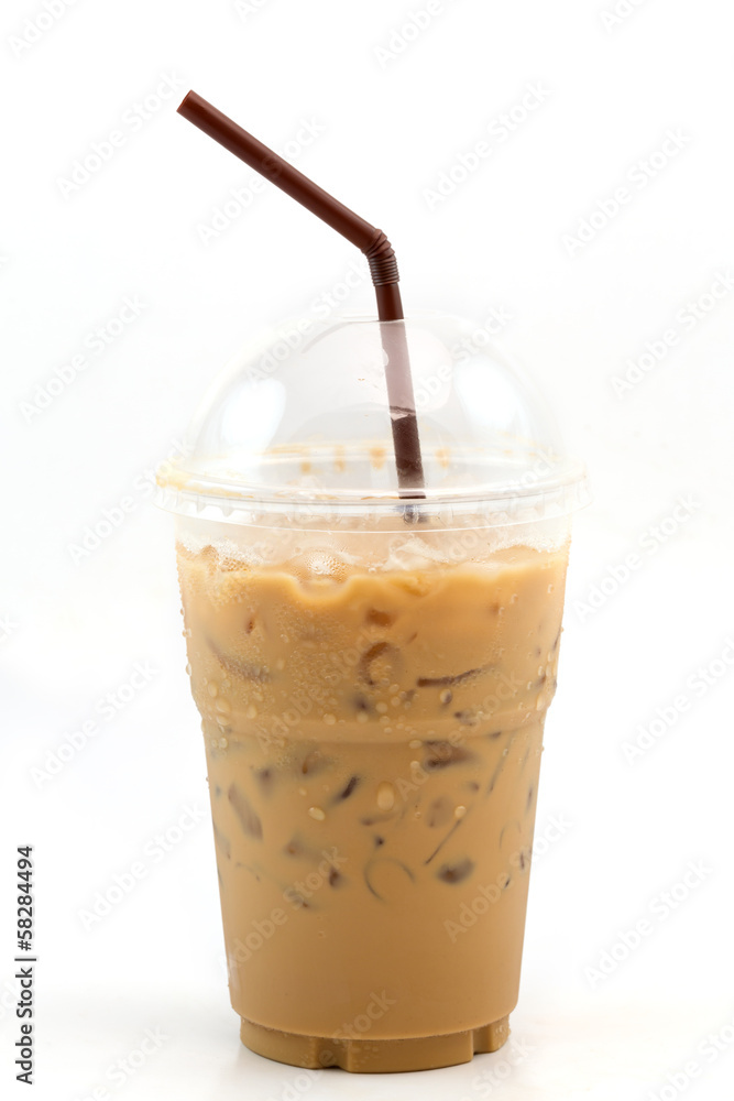 Iced coffee with straw in plastic cup isolated on white backgrou Iced coffee with straw in plastic cup isolated on white backgrou