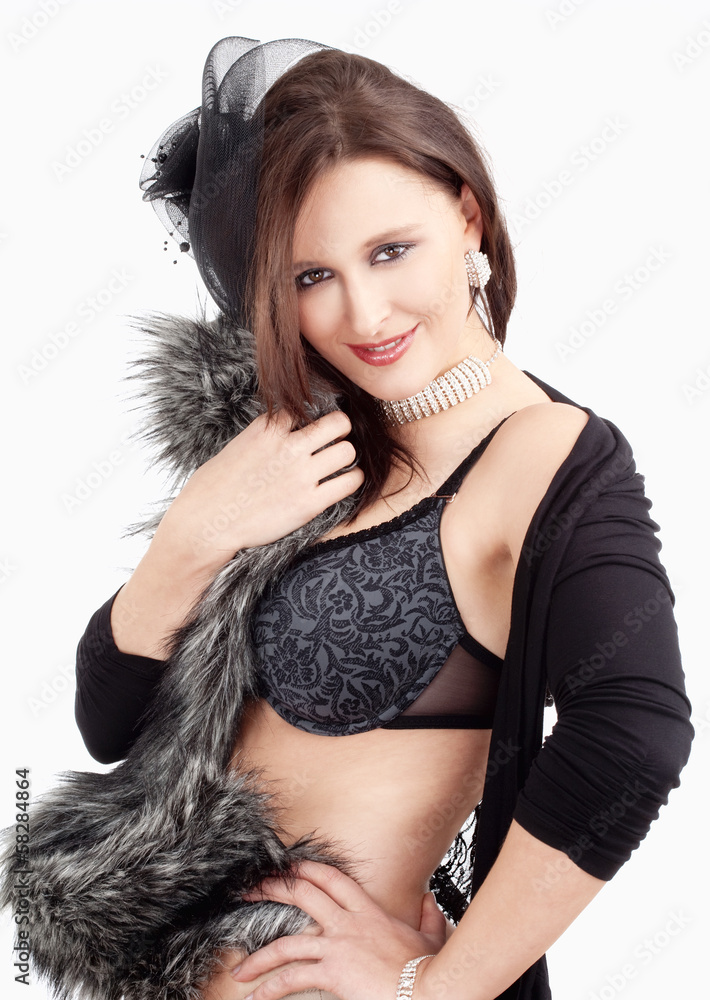 Young Woman with Hat and Fur in her Bra, Smiling Young Woman with Hat and Fur in her Bra, Smiling