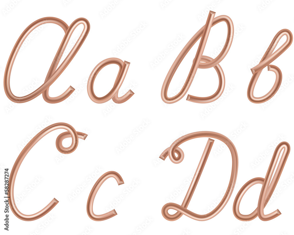 A, B, C, D Vector Letters Made of Metal Copper Wire A, B, C, D Vector Letters Made of Metal Copper Wire
