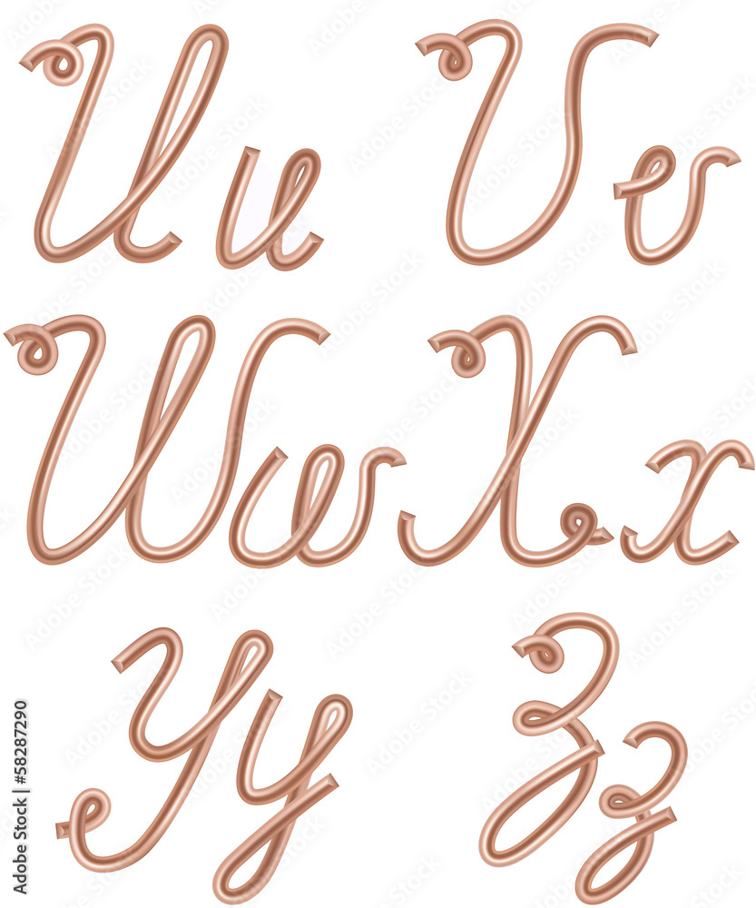 Obraz premium U, V, W, X, Y, Z Vector Letters Made of Metal Copper Wire.