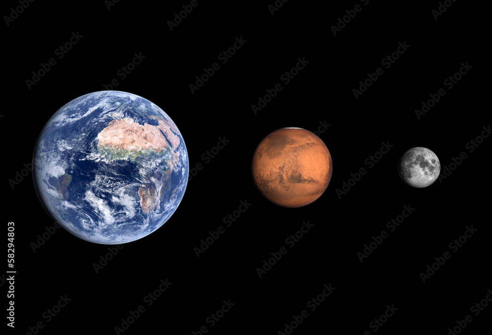 Naklejka premium Planets Earth and Mars and Moon