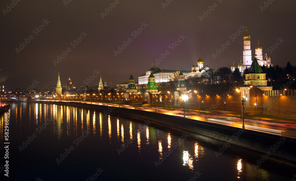 Moscow Kremlin and street light night view from Moskva-river
