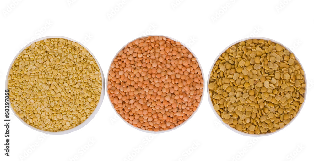 High angle view of three containers full of beans High angle view of three containers full of beans