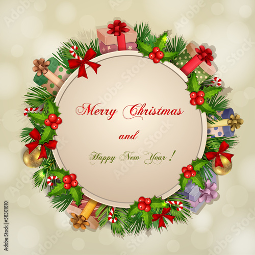 Christmas illustration with Christmas tree branch.