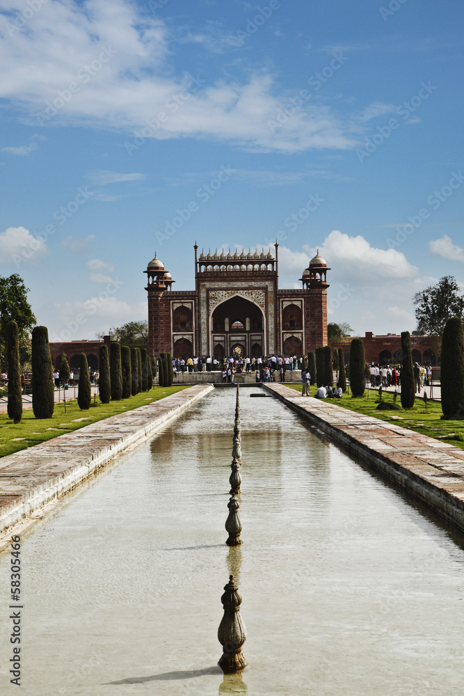Tourists at the gateway to the Taj Mahal, Agra, Uttar Pradesh, India