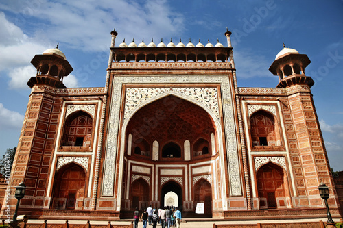 Canvas Print Tourists at the entrance to a mausoleum, Taj Mahal, Agra, Uttar Pradesh, India