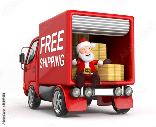 3d cartoon santa claus in truck with cardboard box