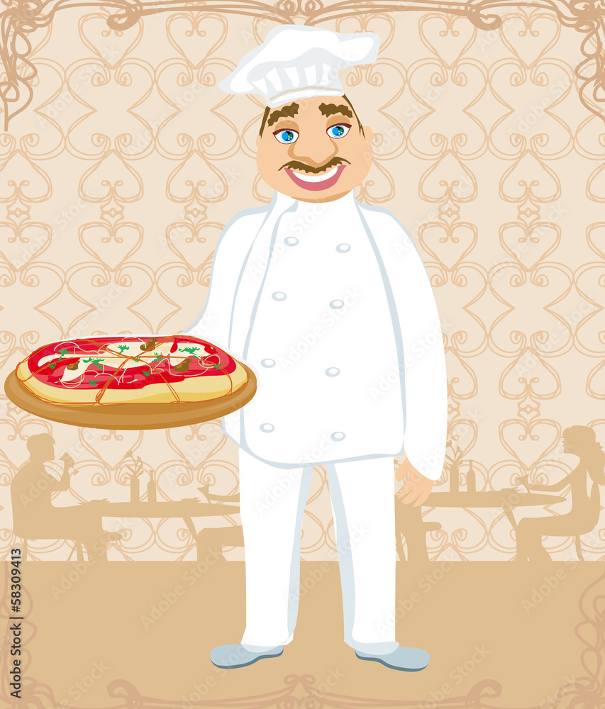 funny chef serves pizza in a restaurant