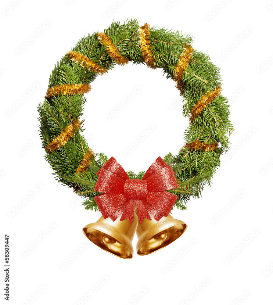 Christmas wreath with golden gerland, red bow and bells