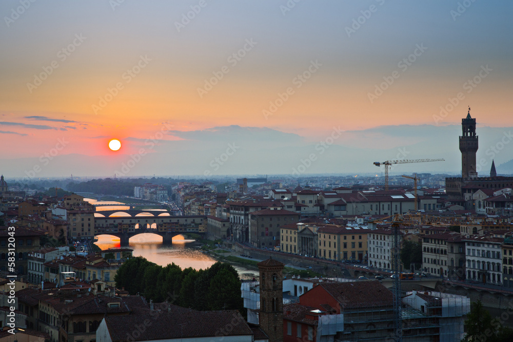 High angle view of a cityscape at dusk, Florence, Tuscany, Italy