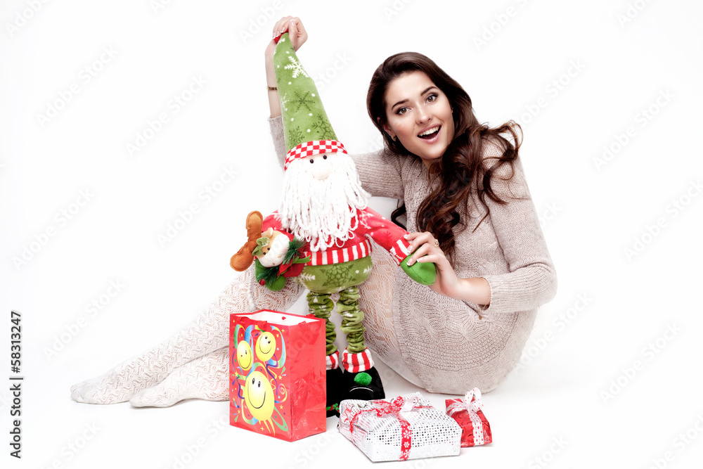 Happy woman with birthday presents. Isolated Happy woman with birthday presents. Isolated