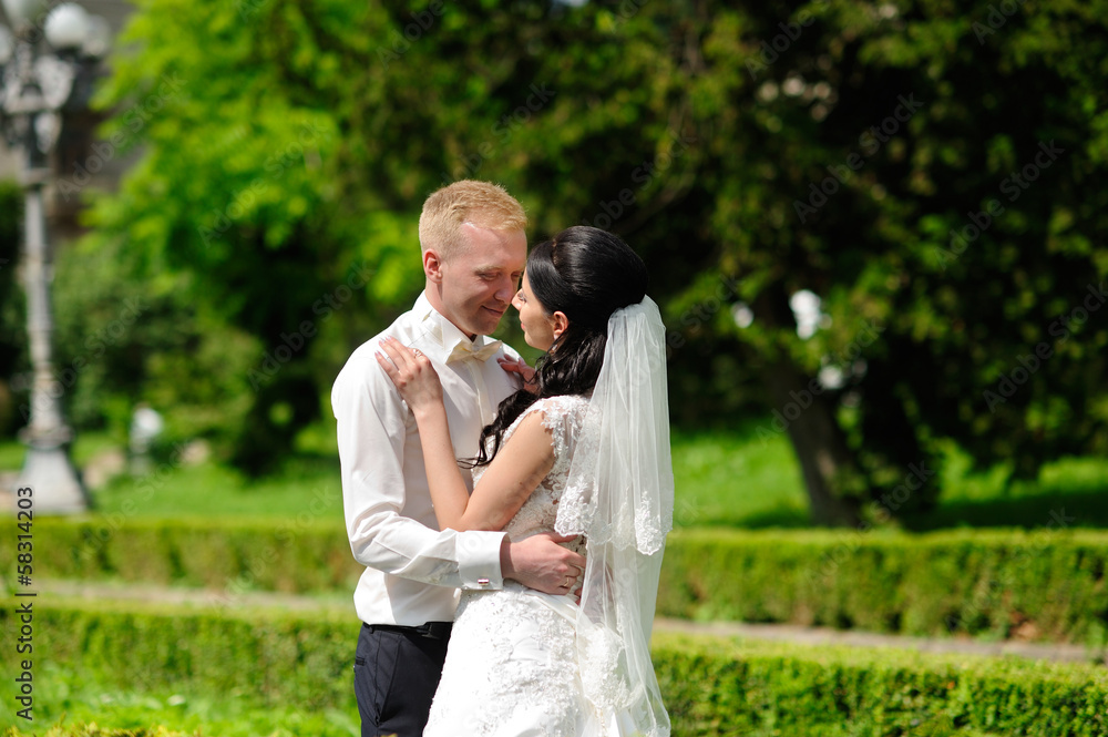 Bride and groom having a romantic moment on their wedding Bride and groom having a romantic moment on their wedding