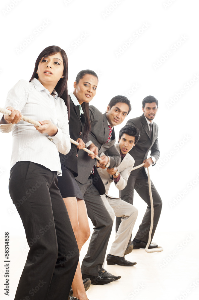 Business executives playing tug-of-war