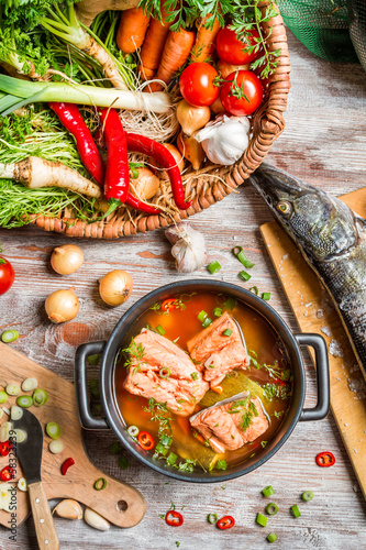 Fresh fish and vegetables for a healthy soup