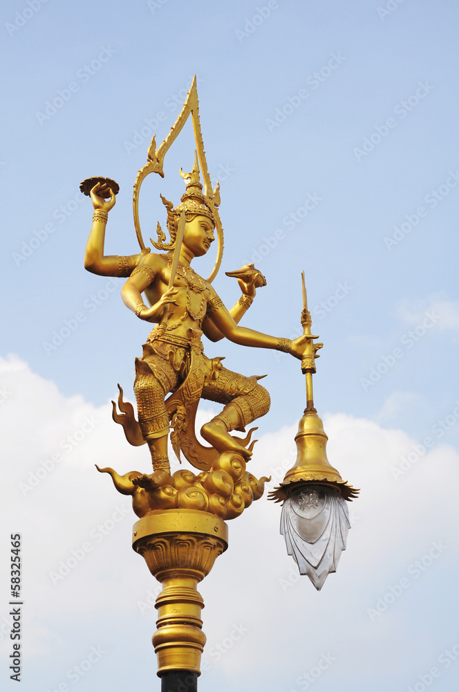 A golden thai angel lighting pole, Thai style statue