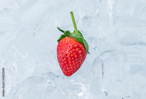 Fresh red strawberry on ice