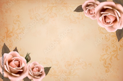 Pink roses on a vintage old paper background. Vector.