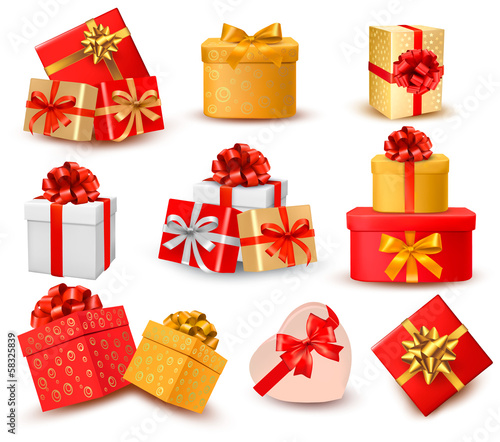 Set of colorful gift boxes with bows and ribbons. Vector