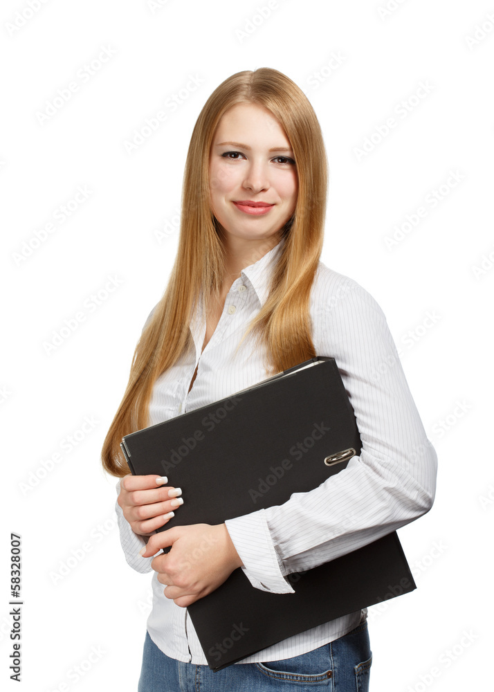 Young business woman with black folder on white background Young business woman with black folder on white background