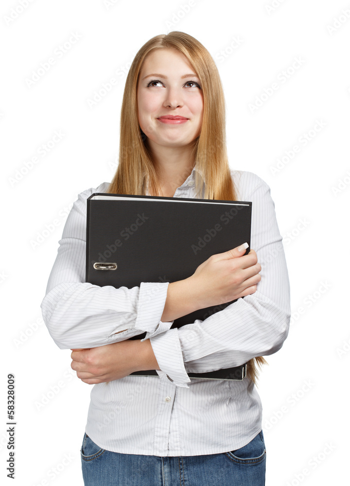Young business woman with black folder on white background Young business woman with black folder on white background