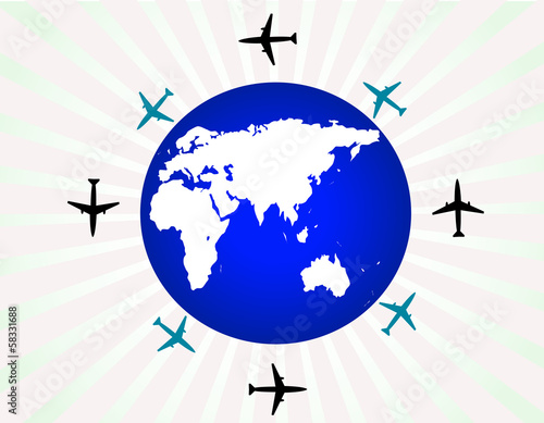 Airplanes and globe with rays