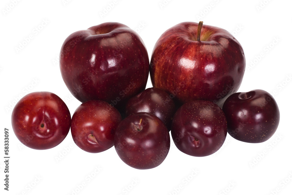 Close-up of apples and plums