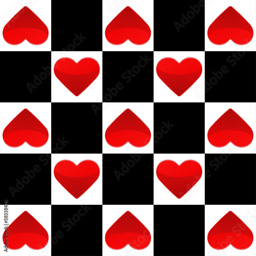 Seamless texture with chess board and small red hearts