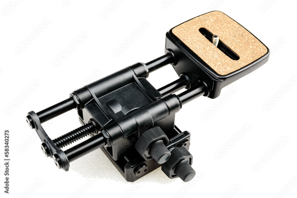 Macro focusing rail in black. Cork platform for camera mounting. Macro focusing rail in black. Cork platform for camera mounting.