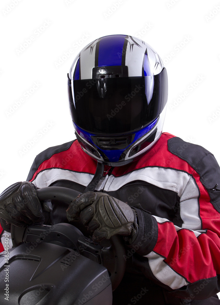 racerwearing red racing suit and blue helmet on a steering wheel Stock ...
