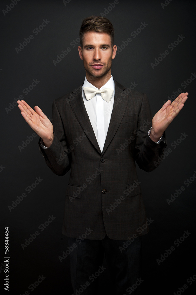 Businessman empty open cupped hands. Concept of giving or holdin Businessman empty open cupped hands. Concept of giving or holdin