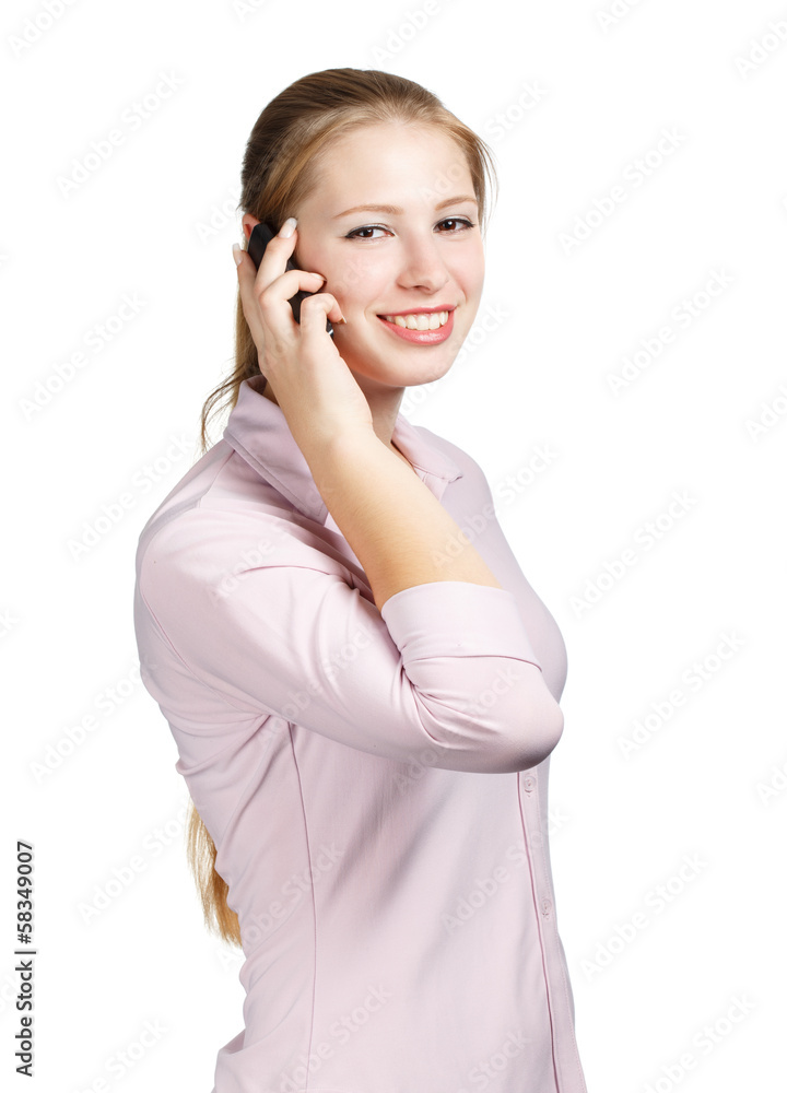 Woman with mobile phone on white background