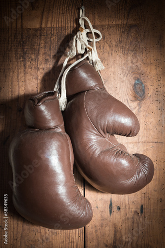 old Boxing Gloves, hanging on wooden wall © Ezio Gutzemberg