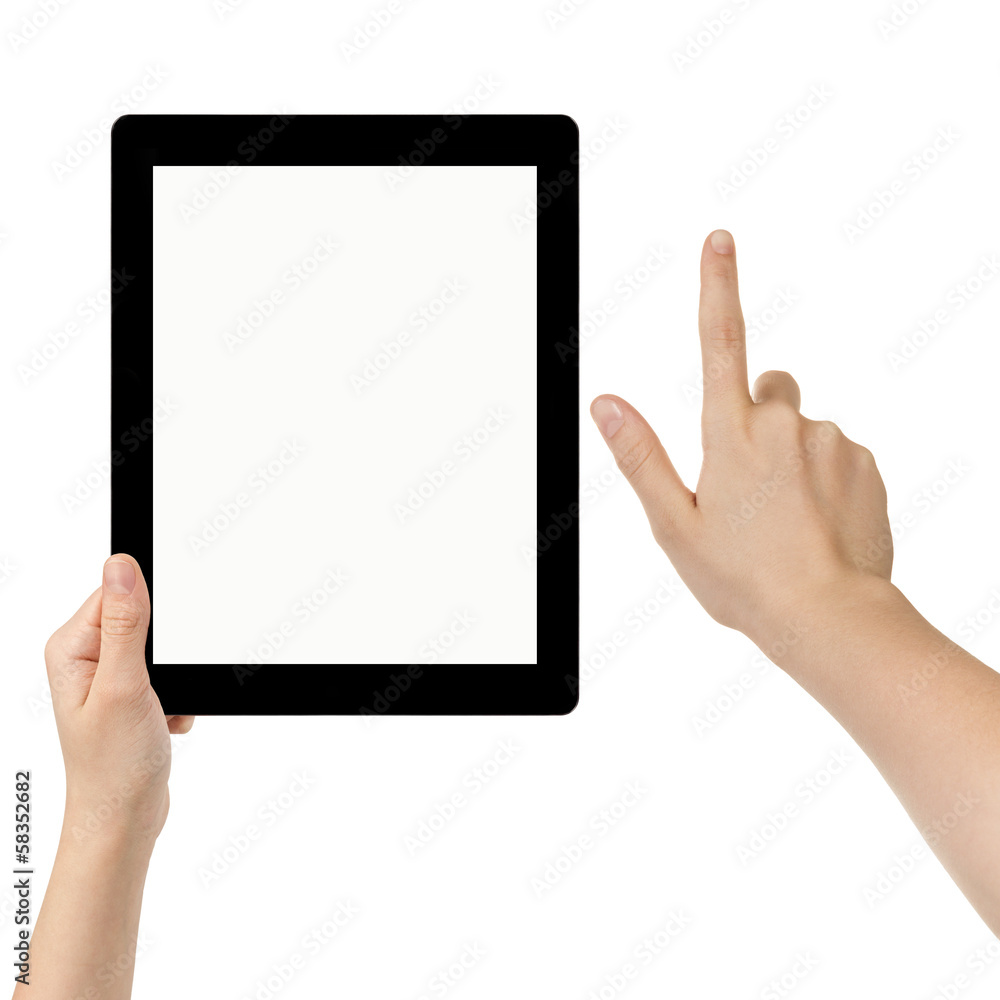 female teen hands using tablet pc with white screen female teen hands using tablet pc with white screen