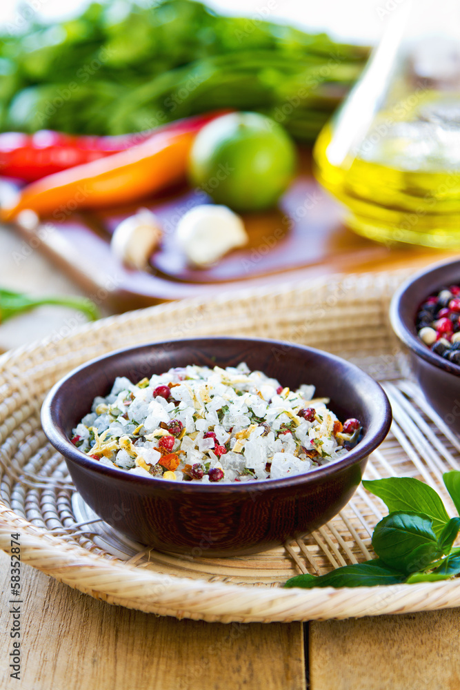 Sea salt with herbs and spices by fresh ingredients Sea salt with herbs and spices by fresh ingredients