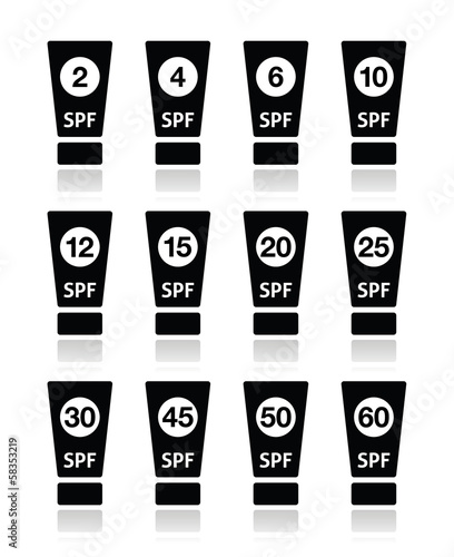 Sun cream, sunblock with factor or spv icons set
