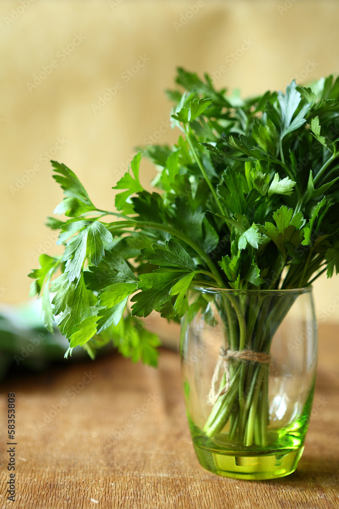 bunch of green parsley in a transparent glass bunch of green parsley in a transparent glass