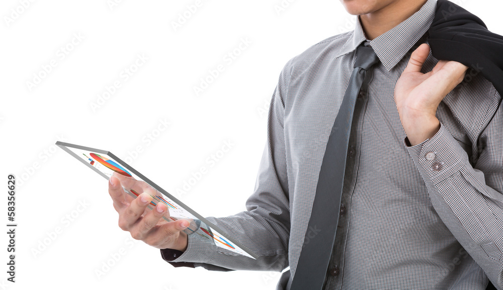 Business man using glass transparent touch screen device agains Business man using glass transparent touch screen device agains