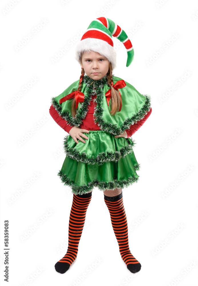 Angry little girl - Santa's elf on white Angry little girl - Santa's elf on white