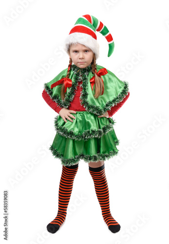 Angry little girl - Santa's elf on white