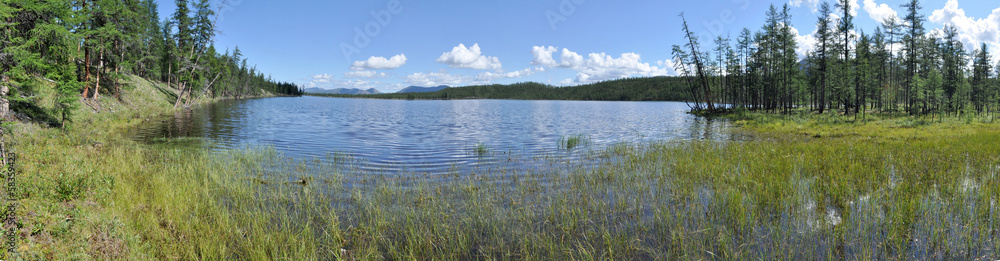 panorama of lake mountains in the background.