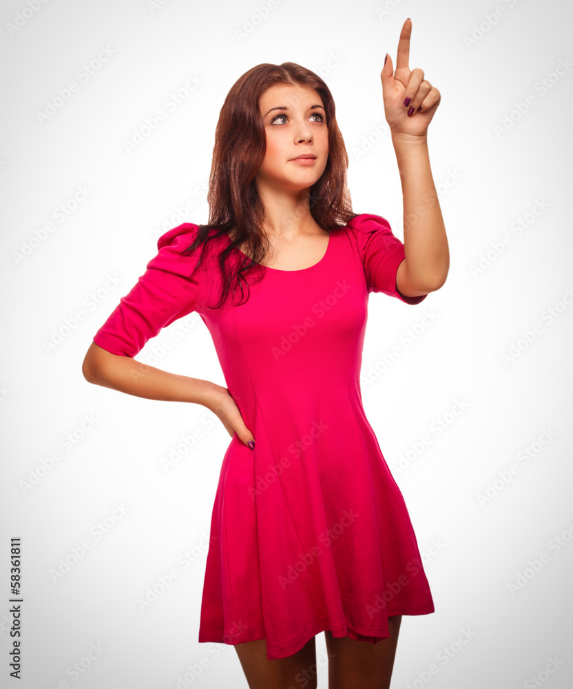 surprised woman shows finger direction hand surprised woman shows finger direction hand