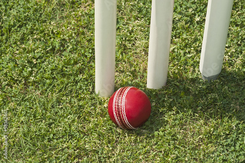 High angle view of a cricket ball near stumps photo