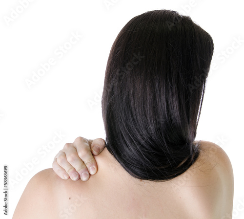 woman suffering shoulder pain on white background
