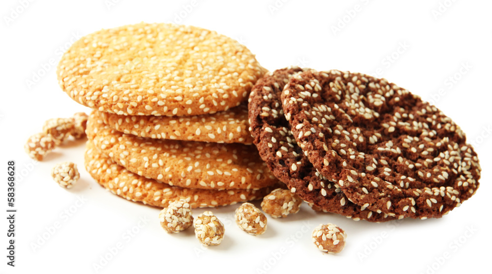 Homemade cookies with sesame seeds, isolated on white Homemade cookies with sesame seeds, isolated on white