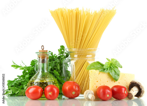 Pasta spaghetti with vegetables isolated on white